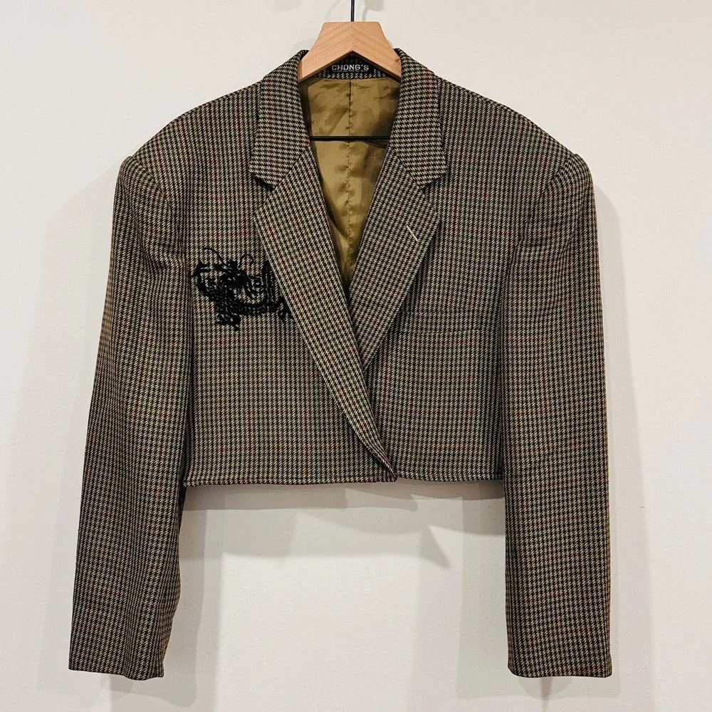 Refashioned Vintage Multicolor Houndstooth Mens Blazer Cropped Oversized OOAK XL